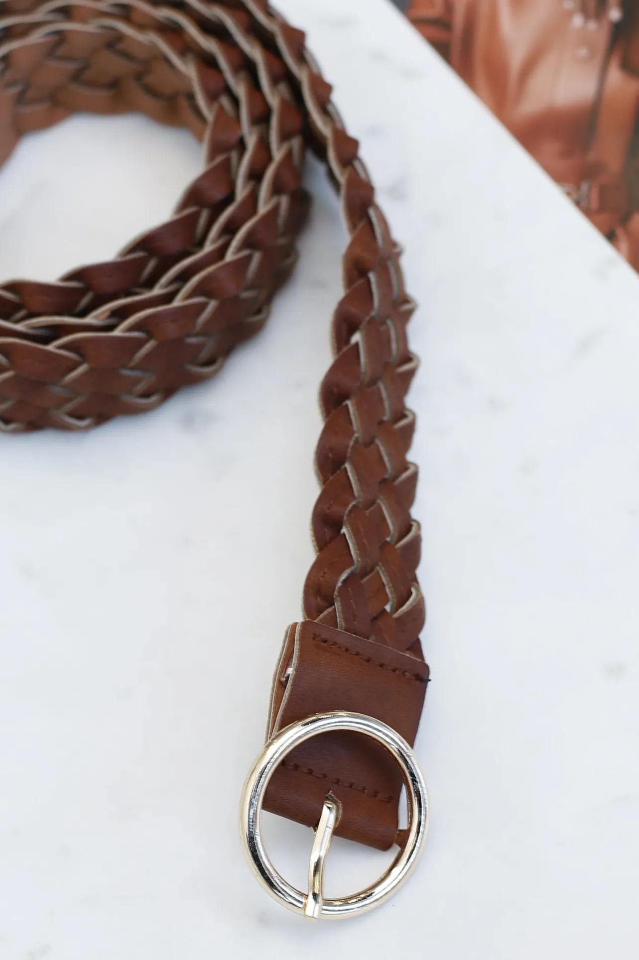 Zane PU Leather Braided Gold Buckle Belt - Brown>Salty Crush