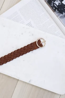 Zane PU Leather Braided Gold Buckle Belt - Brown><noscript><img width=