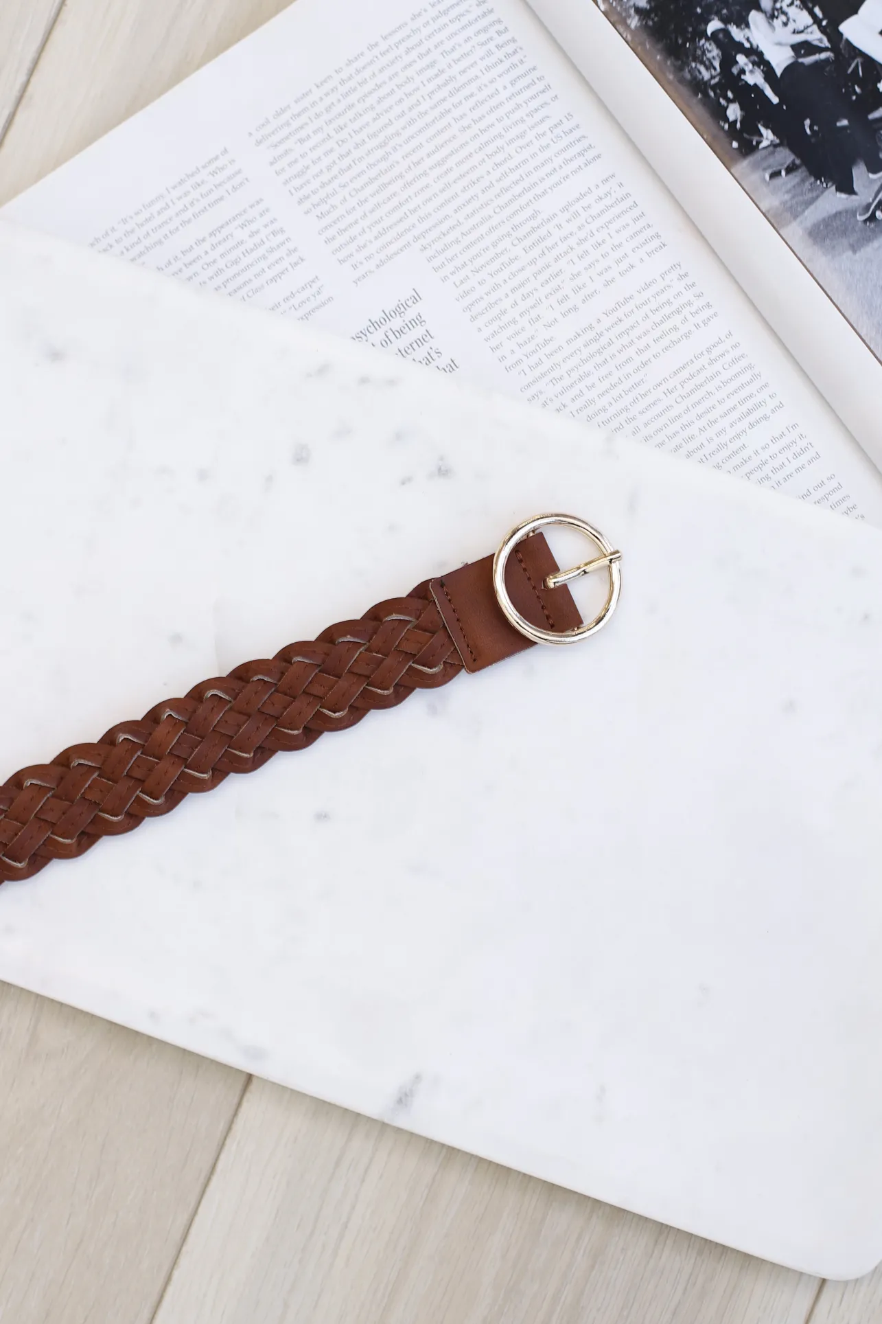Zane PU Leather Braided Gold Buckle Belt - Brown>Salty Crush
