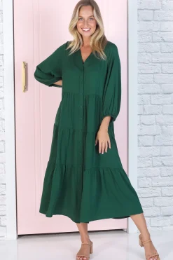 Zaraha Midi Dress - Folded Collar Button Down Tiered Dress in Green><noscript><img width=