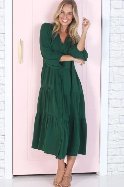 Zaraha Midi Dress - Folded Collar Button Down Tiered Dress in Green><noscript><img width=