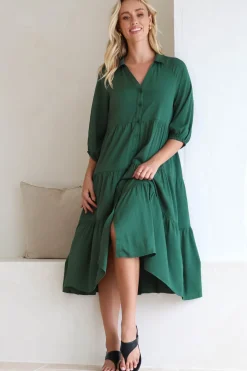 Zaraha Midi Dress - Folded Collar Button Down Tiered Dress in Green><noscript><img width=