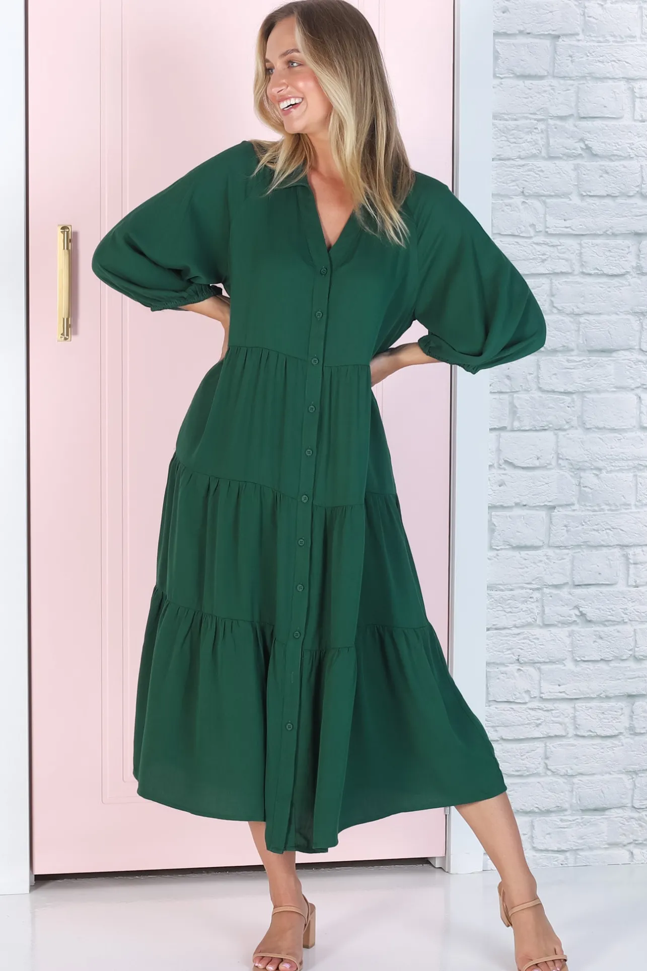 Zaraha Midi Dress - Folded Collar Button Down Tiered Dress in Green>Salty Crush Online