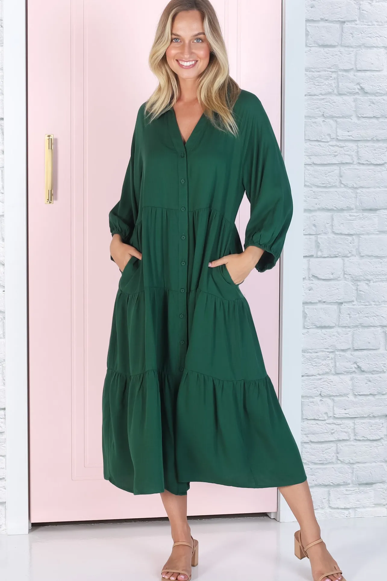 Zaraha Midi Dress - Folded Collar Button Down Tiered Dress in Green>Salty Crush Online