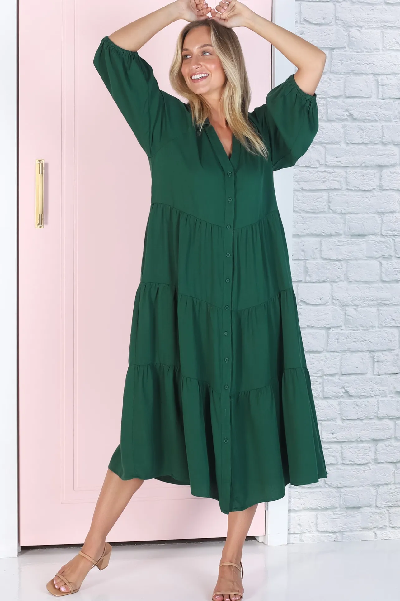 Zaraha Midi Dress - Folded Collar Button Down Tiered Dress in Green>Salty Crush Online