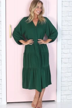 Zaraha Midi Dress - Folded Collar Button Down Tiered Dress in Green><noscript><img width=
