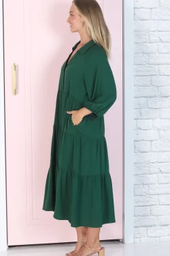 Zaraha Midi Dress - Folded Collar Button Down Tiered Dress in Green><noscript><img width=