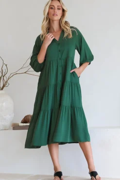 Zaraha Midi Dress - Folded Collar Button Down Tiered Dress in Green><noscript><img width=