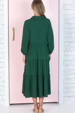 Zaraha Midi Dress - Folded Collar Button Down Tiered Dress in Green><noscript><img width=