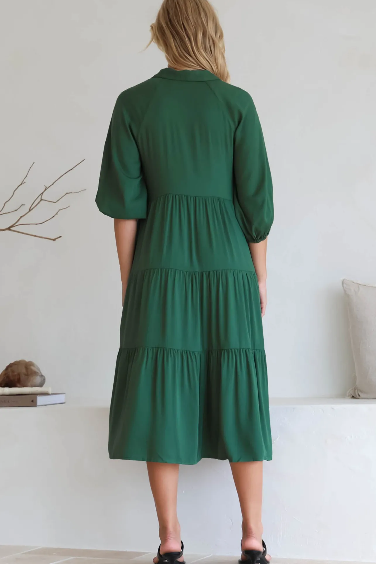 Zaraha Midi Dress - Folded Collar Button Down Tiered Dress in Green>Salty Crush Online