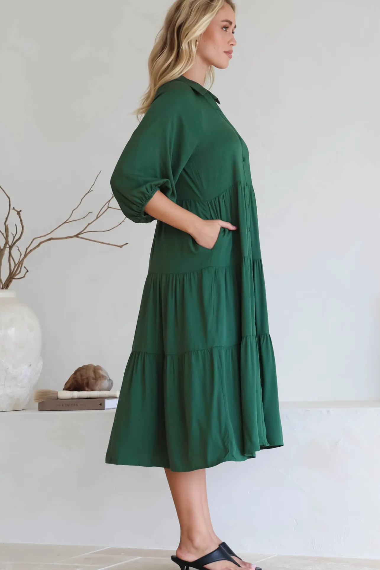 Zaraha Midi Dress - Folded Collar Button Down Tiered Dress in Green>Salty Crush Online