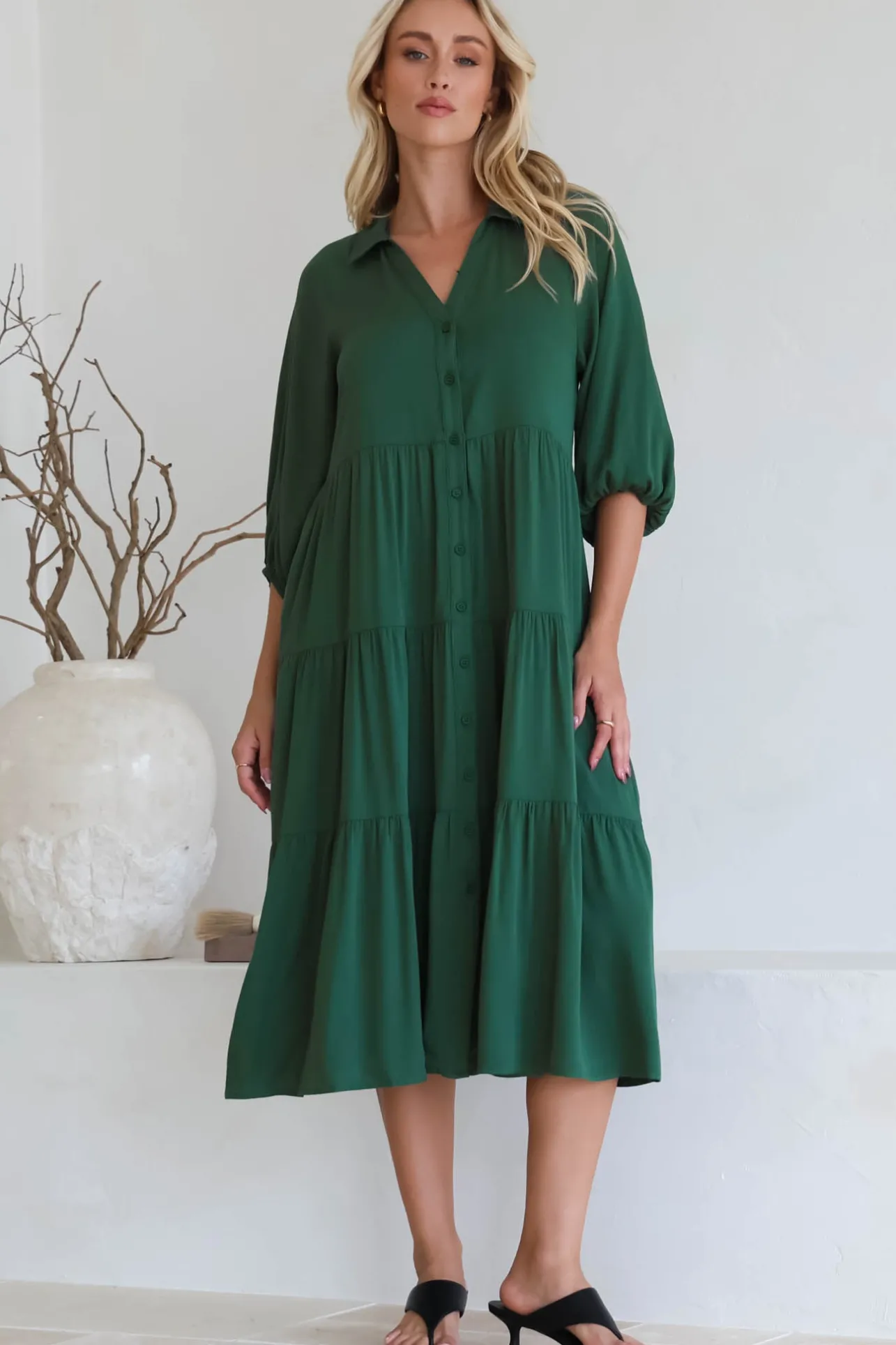 Zaraha Midi Dress - Folded Collar Button Down Tiered Dress in Green>Salty Crush Online