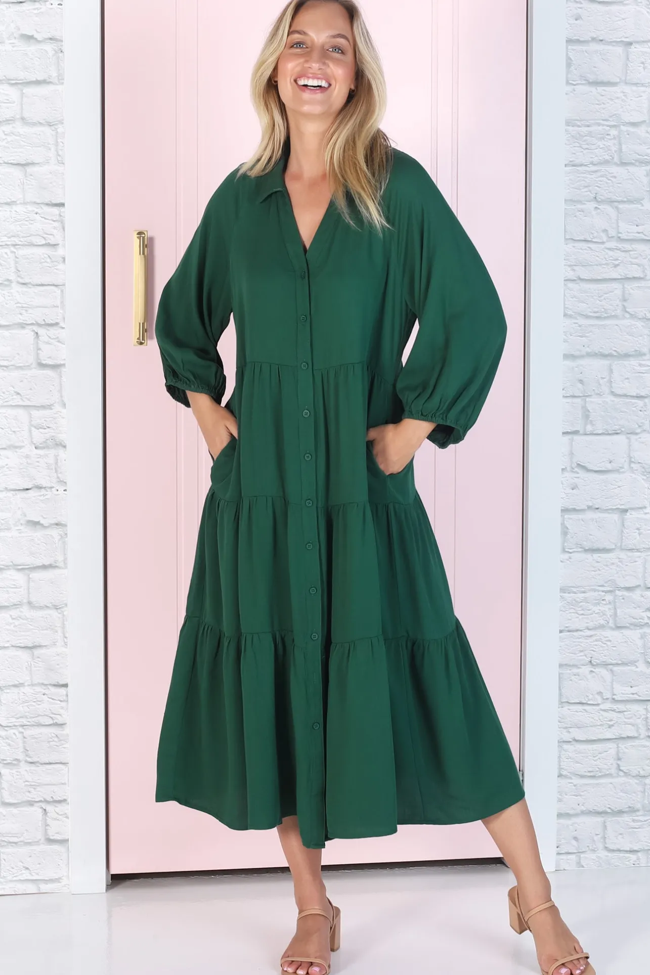 Zaraha Midi Dress - Folded Collar Button Down Tiered Dress in Green>Salty Crush Online