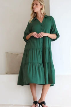 Zaraha Midi Dress - Folded Collar Button Down Tiered Dress in Green><noscript><img width=