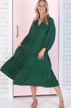 Zaraha Midi Dress - Folded Collar Button Down Tiered Dress in Green><noscript><img width=
