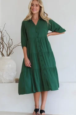 Zaraha Midi Dress - Folded Collar Button Down Tiered Dress in Green><noscript><img width=