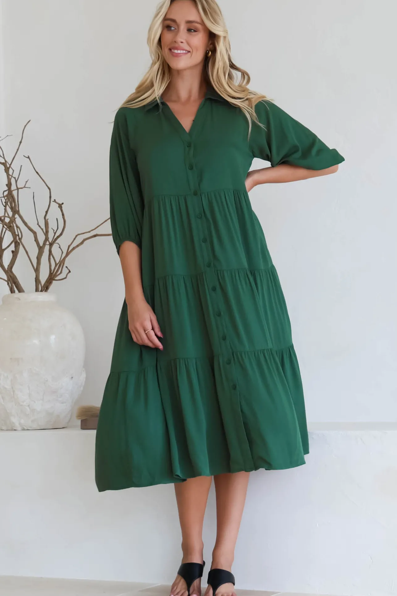 Zaraha Midi Dress - Folded Collar Button Down Tiered Dress in Green>Salty Crush Online