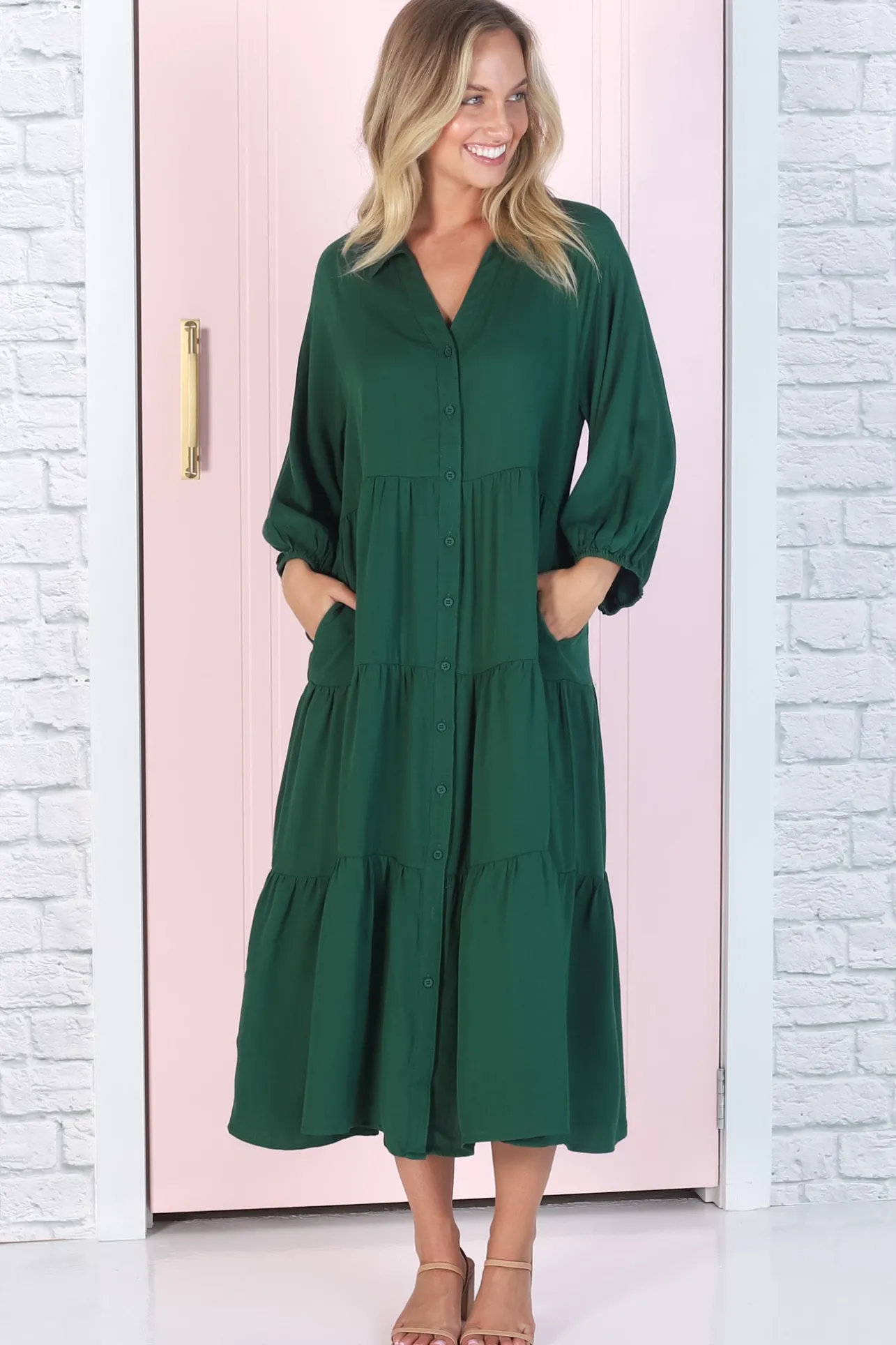 Zaraha Midi Dress - Folded Collar Button Down Tiered Dress in Green>Salty Crush Online