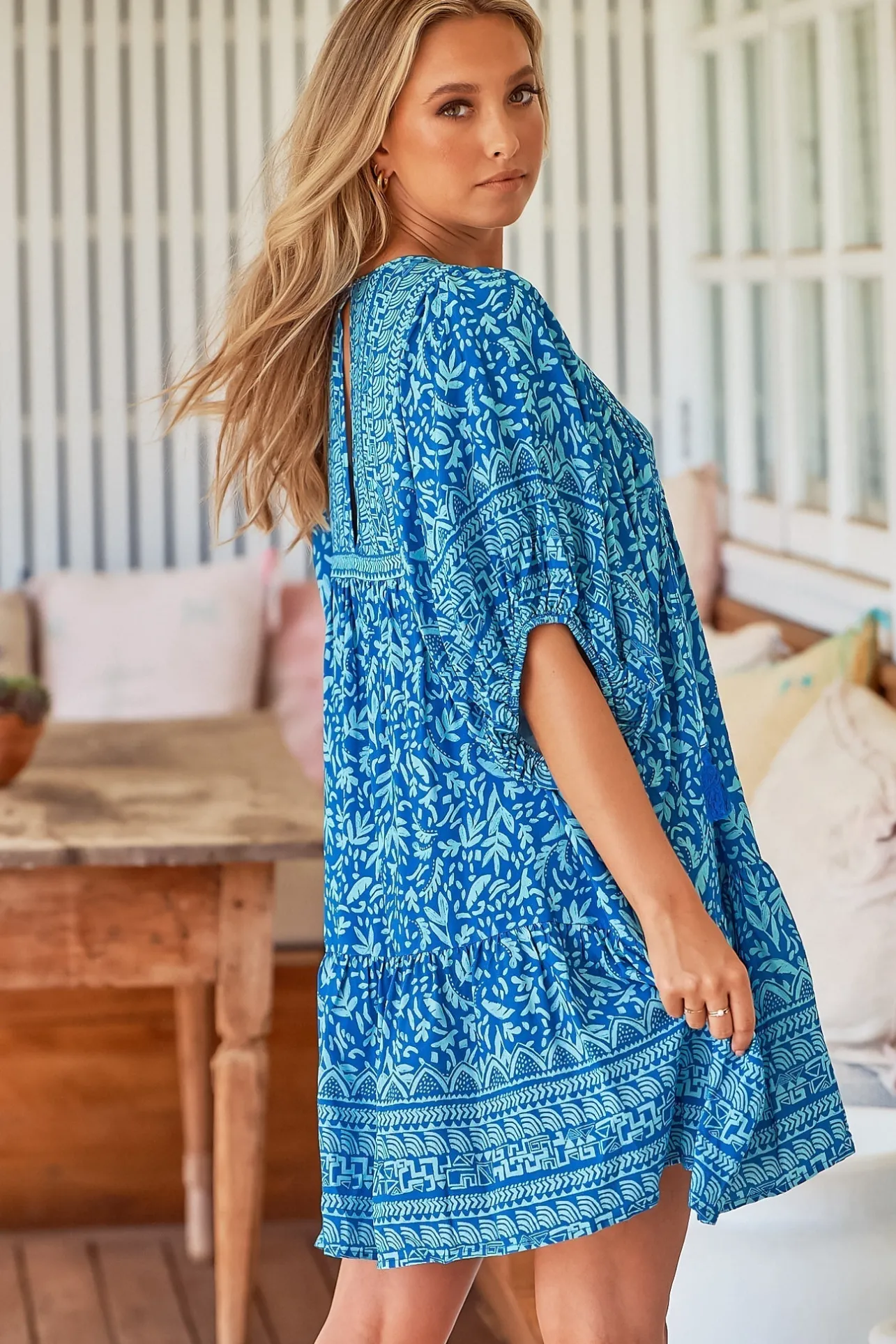 Zarina Mini Dress - Short Sleeve Smock Dress in Letty Print>Jaase Clearance