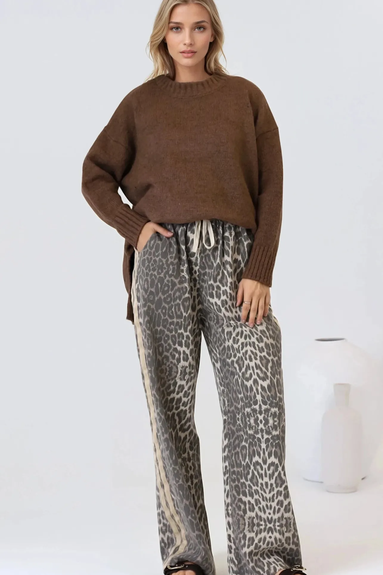 Zayne Pants - High Waisted Wide Leg Pants with Double Side Strip in Leopard Print>Salty Crush New