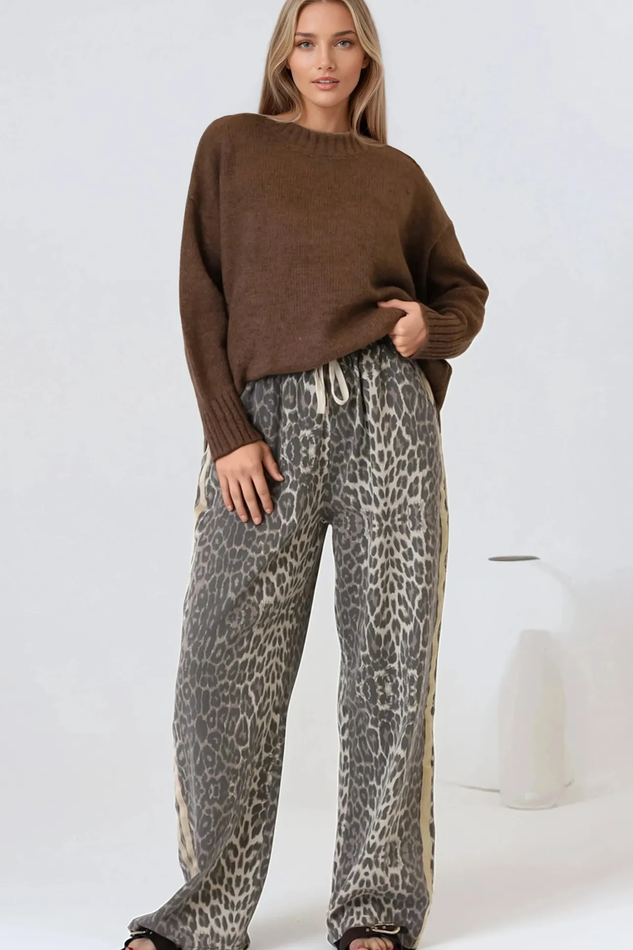 Zayne Pants - High Waisted Wide Leg Pants with Double Side Strip in Leopard Print>Salty Crush New