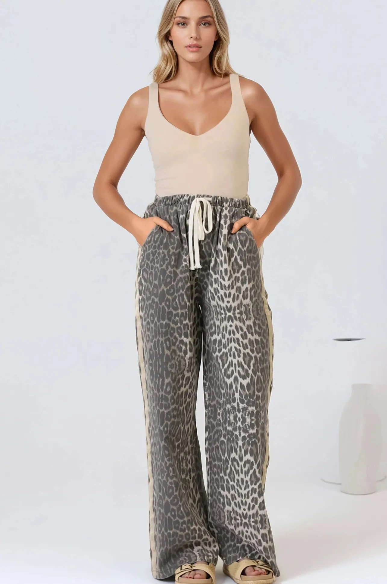 Zayne Pants - High Waisted Wide Leg Pants with Double Side Strip in Leopard Print>Salty Crush New
