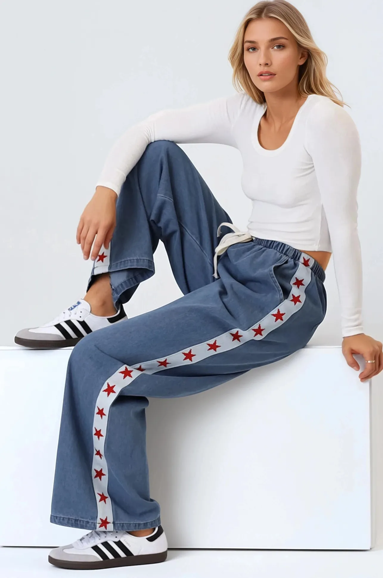 Zayne Pants - High Waisted Wide Leg Pants with Star Side Strip in Mid Denim Blue>Salty Crush Outlet