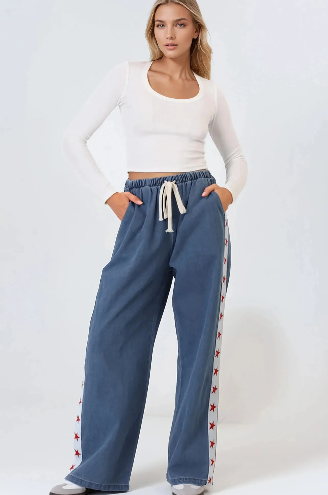 Zayne Pants - High Waisted Wide Leg Pants with Star Side Strip in Mid Denim Blue>Salty Crush Outlet