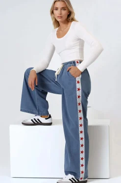 Zayne Pants - High Waisted Wide Leg Pants with Star Side Strip in Mid Denim Blue><noscript><img width=