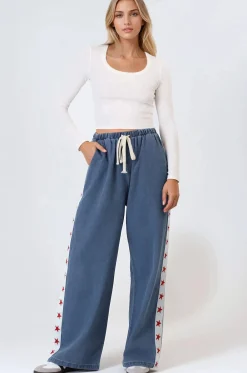Zayne Pants - High Waisted Wide Leg Pants with Star Side Strip in Mid Denim Blue><noscript><img width=