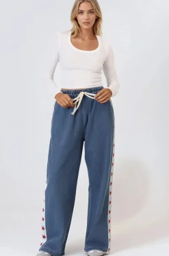 Zayne Pants - High Waisted Wide Leg Pants with Star Side Strip in Mid Denim Blue><noscript><img width=