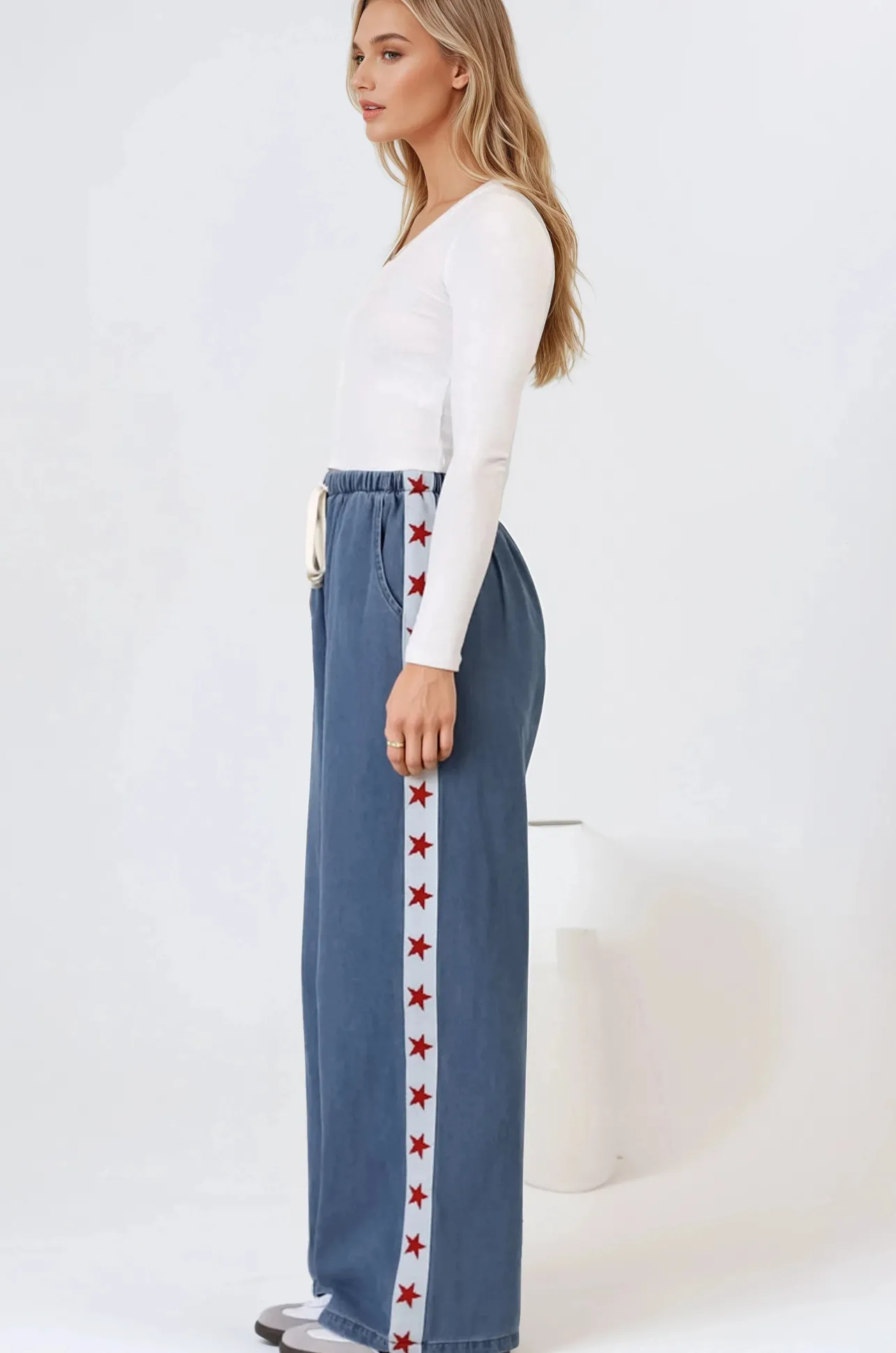 Zayne Pants - High Waisted Wide Leg Pants with Star Side Strip in Mid Denim Blue>Salty Crush Outlet