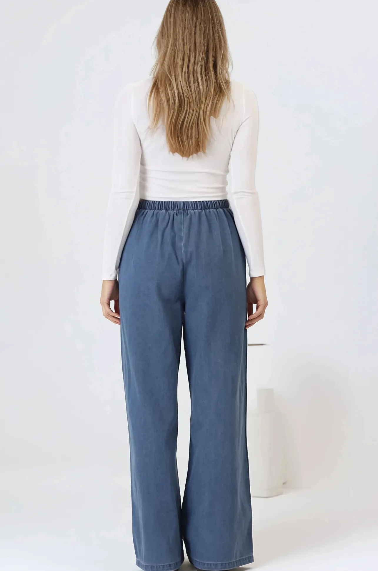 Zayne Pants - High Waisted Wide Leg Pants with Star Side Strip in Mid Denim Blue>Salty Crush Outlet