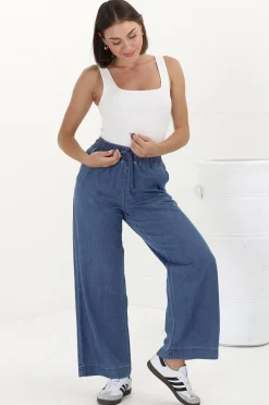 Zeke Jeans - Elasticated Waist Wide Leg Jeans in Medium Wash Denim><noscript><img width=