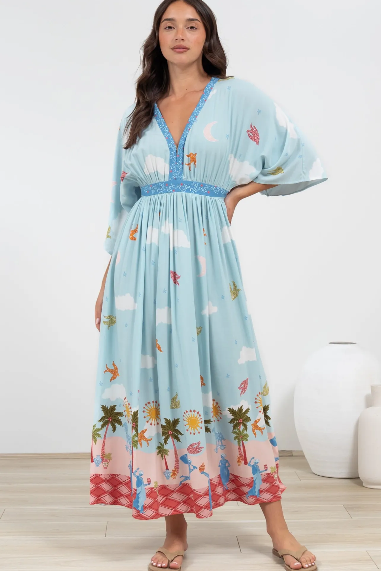 Zelle Maxi Dress - V Neck Batwing Sleeve Dress with Side Splits in Staria Print>Salty Crush