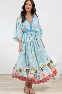 Zelle Maxi Dress - V Neck Batwing Sleeve Dress with Side Splits in Staria Print><noscript><img width=