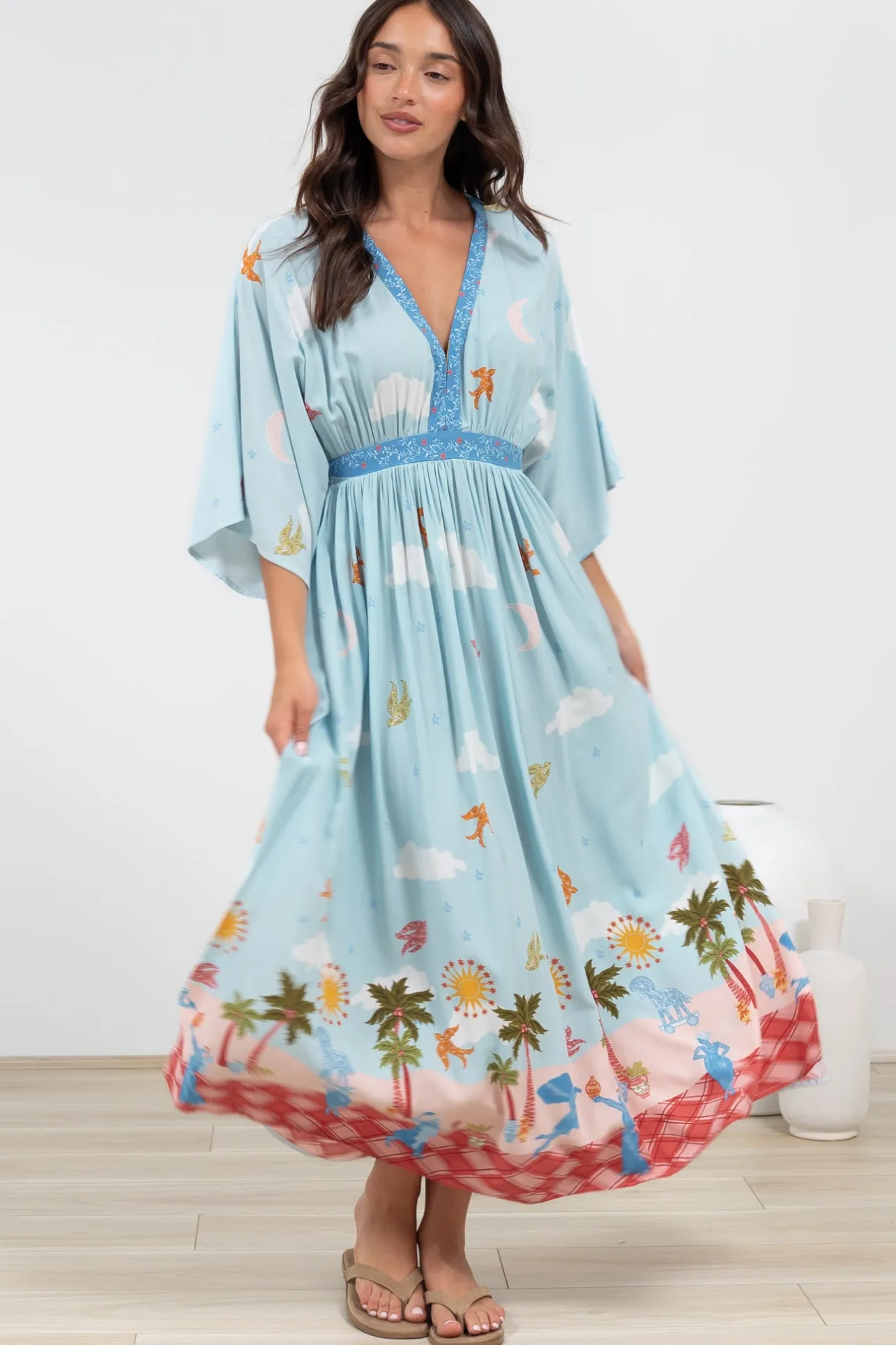 Zelle Maxi Dress - V Neck Batwing Sleeve Dress with Side Splits in Staria Print>Salty Crush