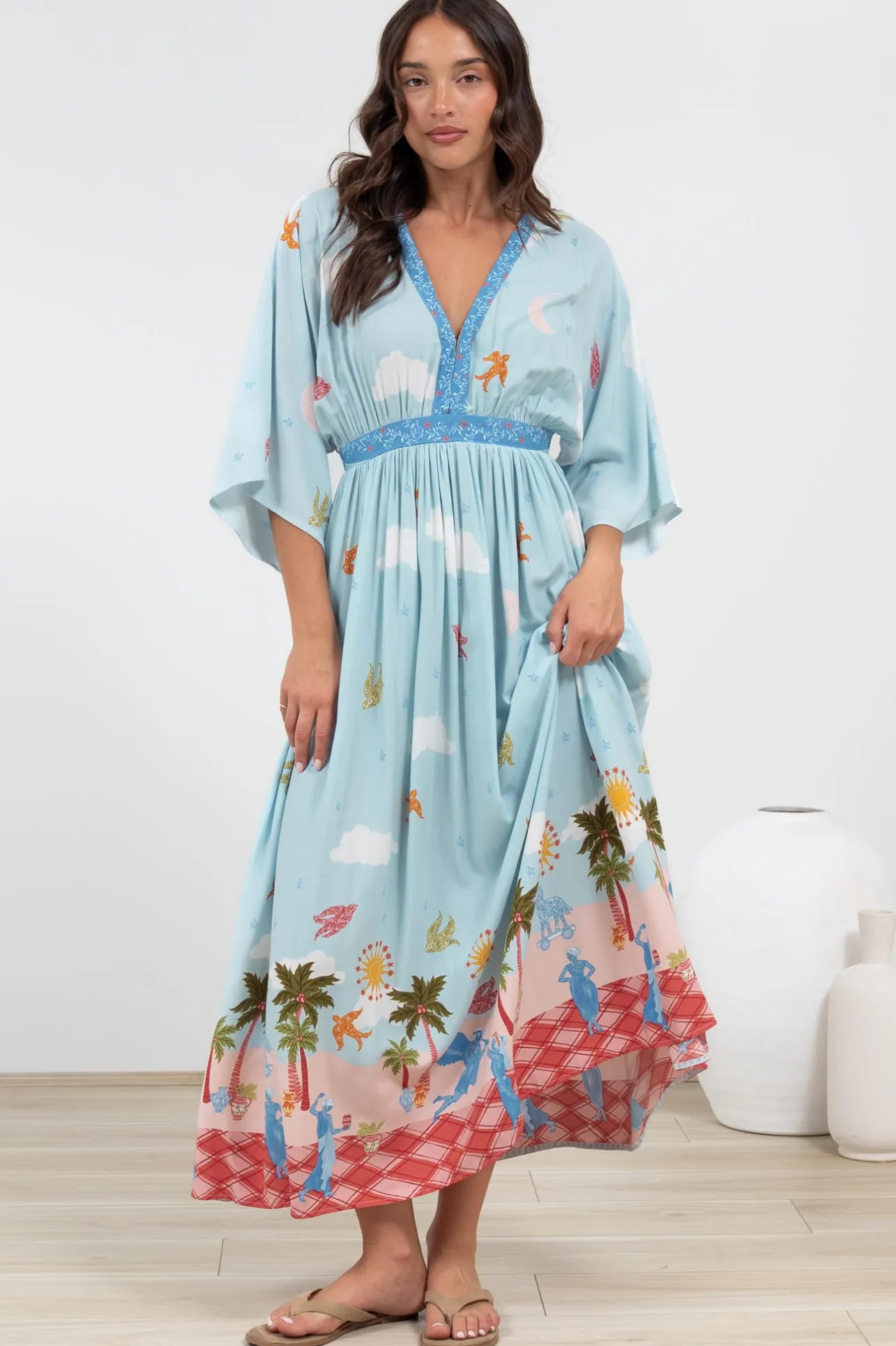 Zelle Maxi Dress - V Neck Batwing Sleeve Dress with Side Splits in Staria Print>Salty Crush