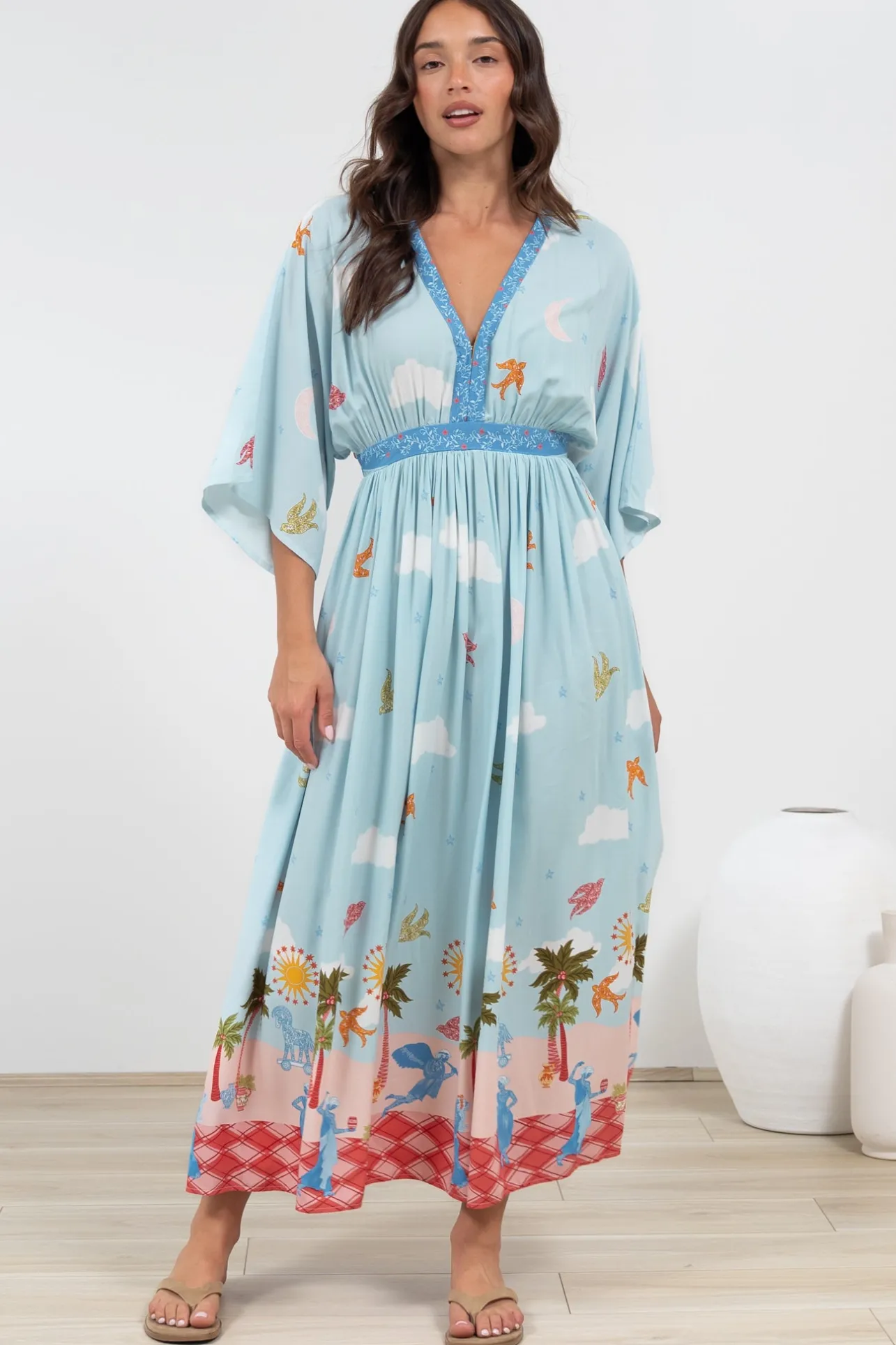 Zelle Maxi Dress - V Neck Batwing Sleeve Dress with Side Splits in Staria Print>Salty Crush