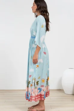 Zelle Maxi Dress - V Neck Batwing Sleeve Dress with Side Splits in Staria Print><noscript><img width=