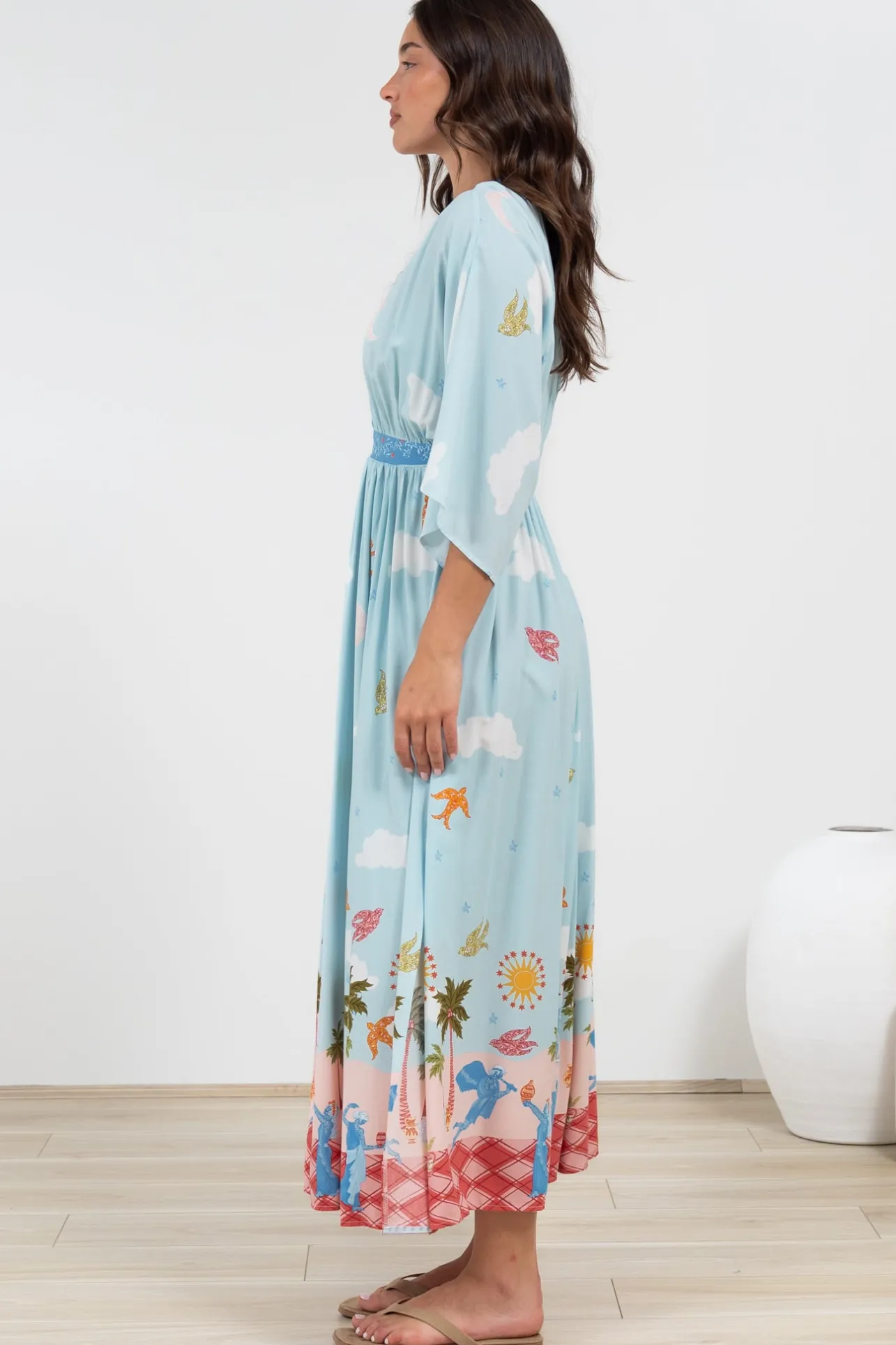 Zelle Maxi Dress - V Neck Batwing Sleeve Dress with Side Splits in Staria Print>Salty Crush