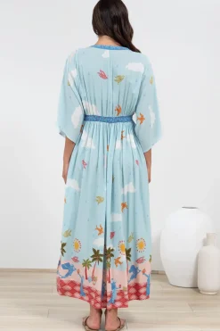 Zelle Maxi Dress - V Neck Batwing Sleeve Dress with Side Splits in Staria Print><noscript><img width=
