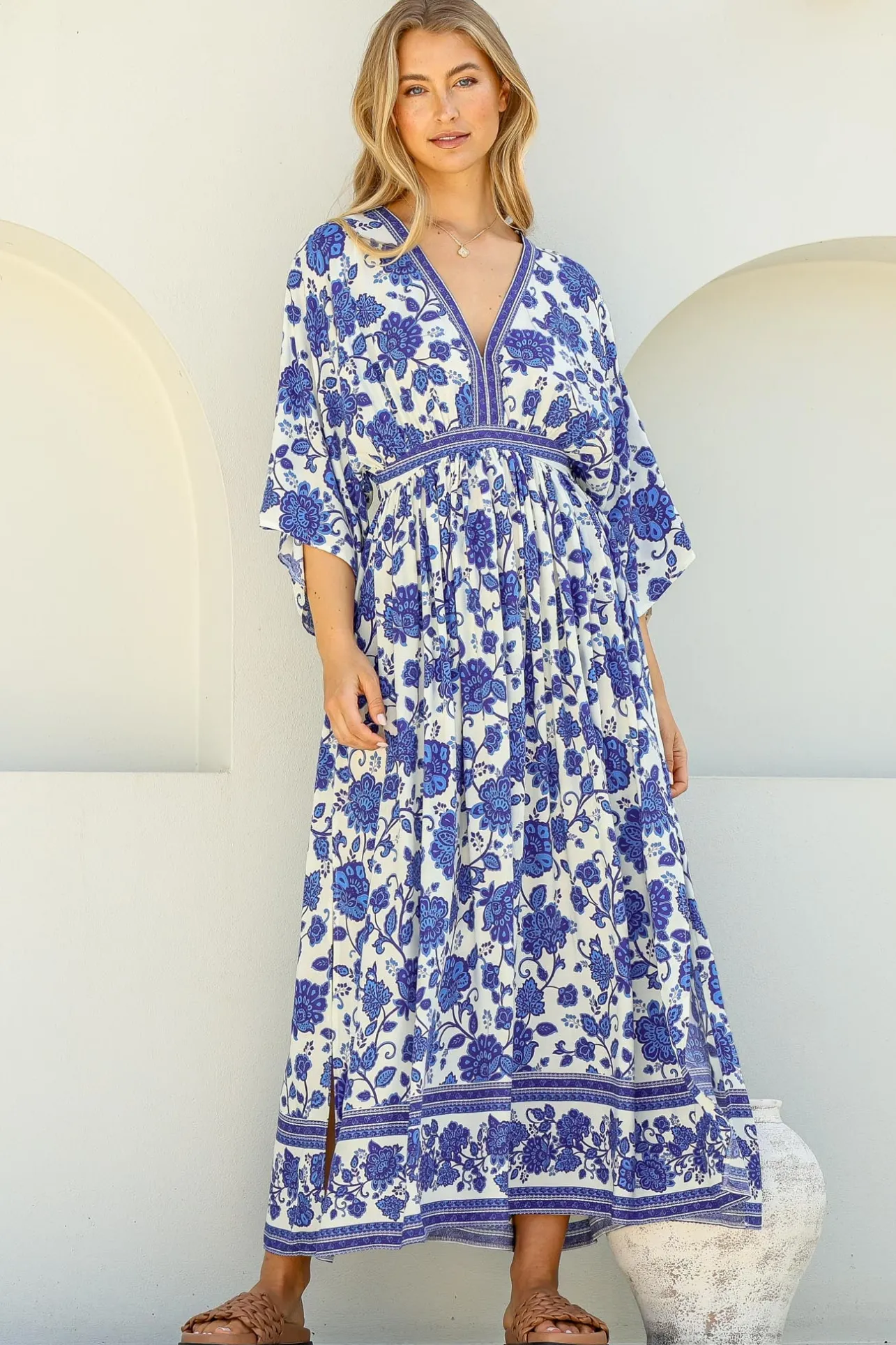 Zelle Maxi Dress - V Neck Batwing Sleeve Dress with Side Splits in Kailin Print Blue>Salty Crush Clearance
