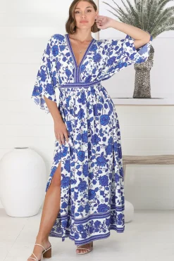 Zelle Maxi Dress - V Neck Batwing Sleeve Dress with Side Splits in Kailin Print Blue><noscript><img width=