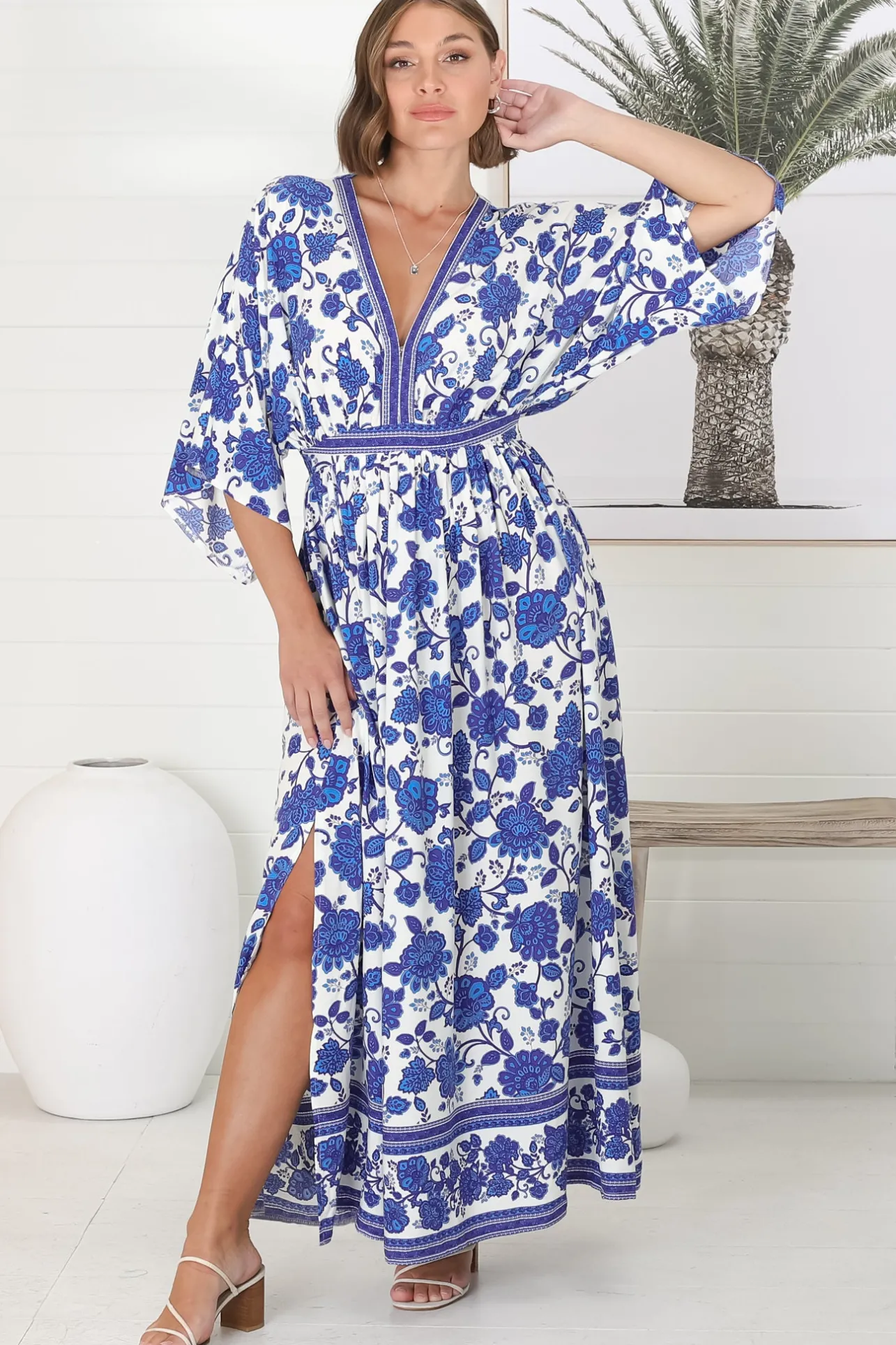 Zelle Maxi Dress - V Neck Batwing Sleeve Dress with Side Splits in Kailin Print Blue>Salty Crush Clearance