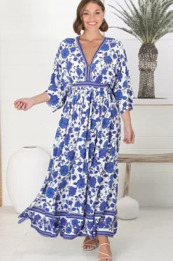 Zelle Maxi Dress - V Neck Batwing Sleeve Dress with Side Splits in Kailin Print Blue><noscript><img width=