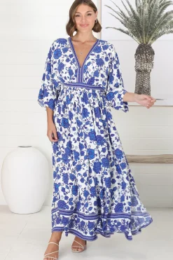 Zelle Maxi Dress - V Neck Batwing Sleeve Dress with Side Splits in Kailin Print Blue><noscript><img width=
