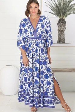 Zelle Maxi Dress - V Neck Batwing Sleeve Dress with Side Splits in Kailin Print Blue><noscript><img width=