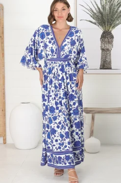 Zelle Maxi Dress - V Neck Batwing Sleeve Dress with Side Splits in Kailin Print Blue><noscript><img width=