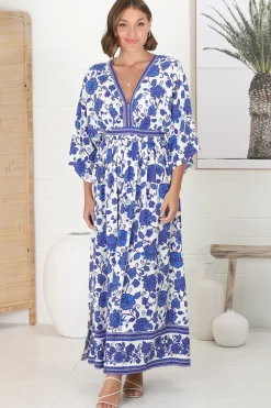 Zelle Maxi Dress - V Neck Batwing Sleeve Dress with Side Splits in Kailin Print Blue><noscript><img width=